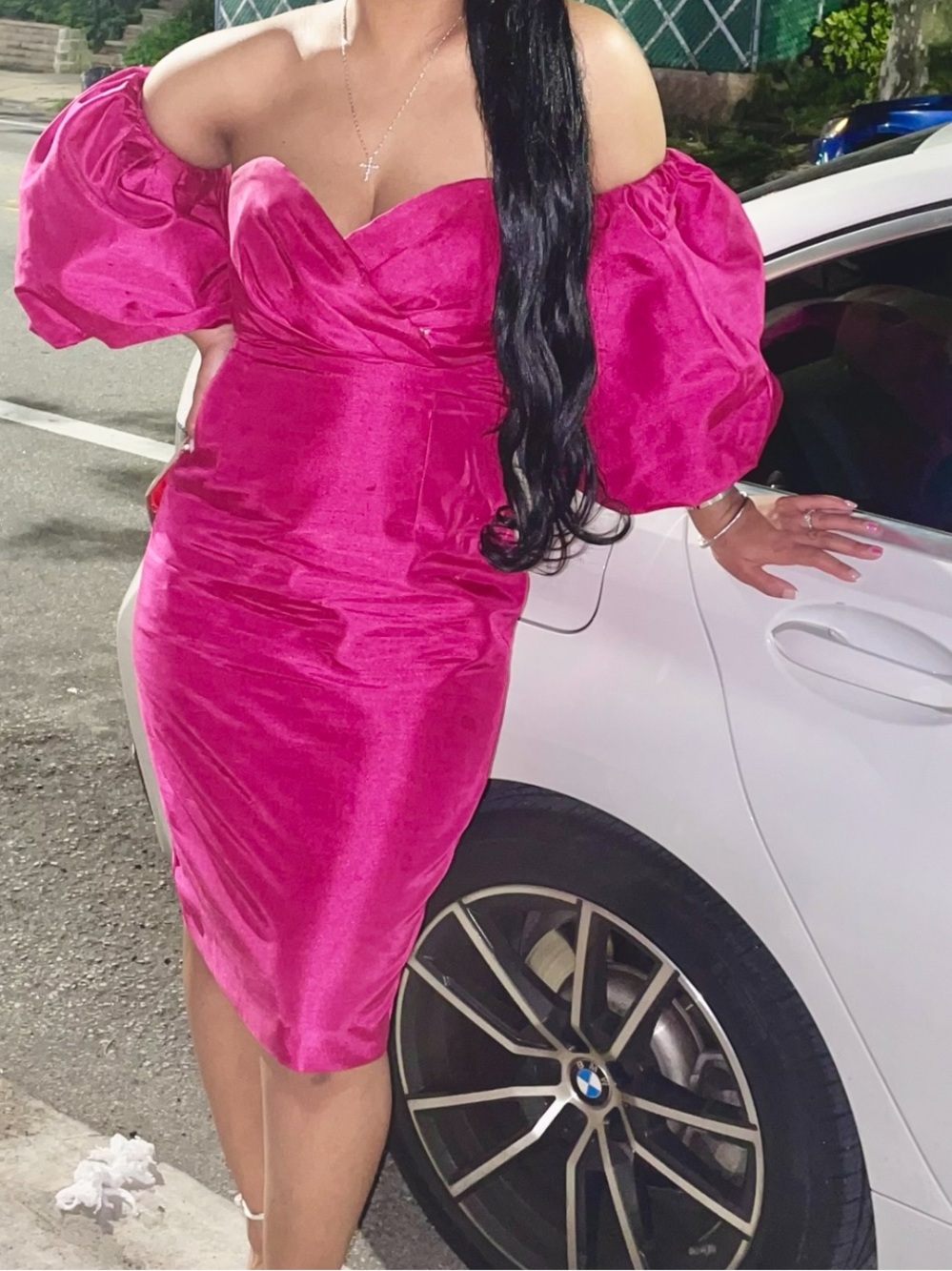Bustier Off-Shoulder Puff Sleeve Midi Dress in Fuchsia